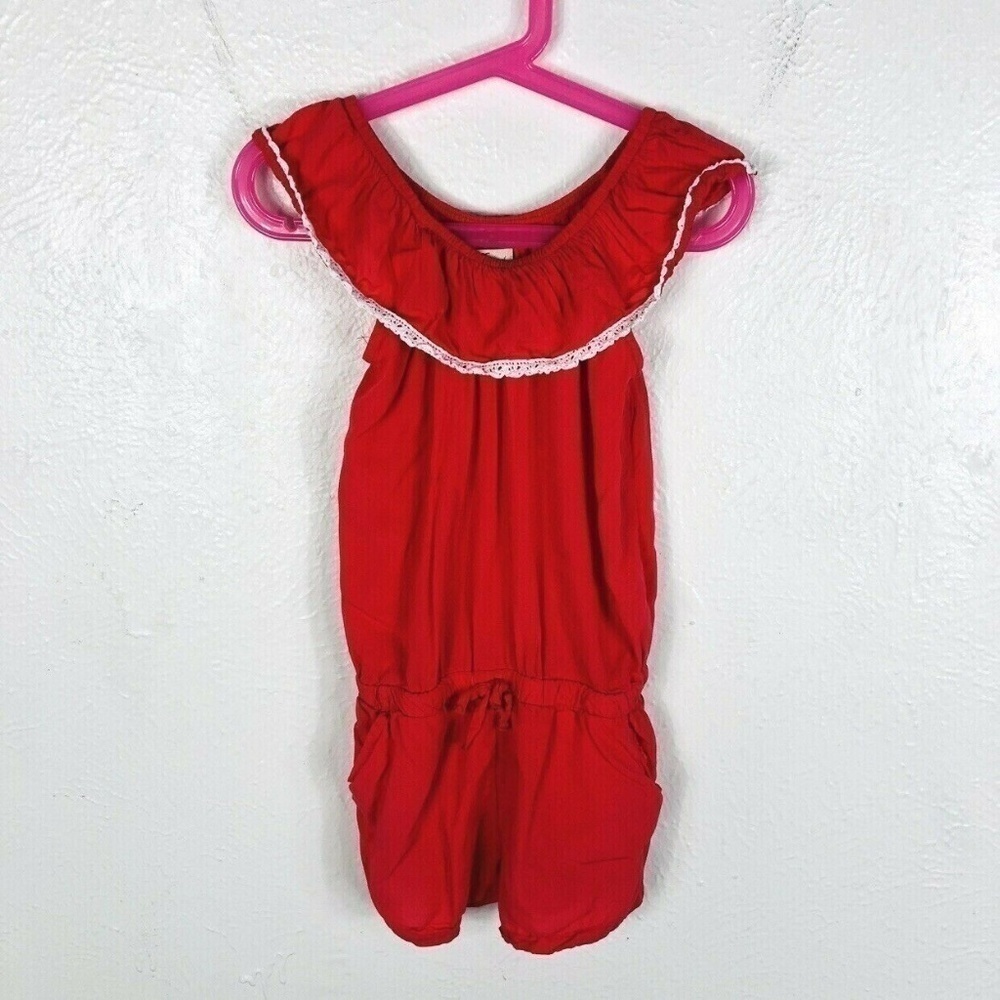 Lucky Brand Girls Coral Red Crochet Trim Romper